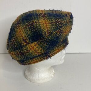 Irish Cap Mens Small Medium Yellow Blue Green Plaid Wool Tweed Retro Countryside